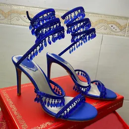 Sandálias de salto alto decoradas com cristal de luxo Sandálias de strass da moda 95mm Designer Tornozelo Wraparound Sandálias femininas Sapatos de jantar de flores Sapatos de casamento