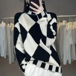 Fall/winter diamond check contrast color 100% cashmere sweater women's semi-turtle neck loose wool sweater 240109