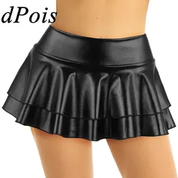 DPOIS Women Shiny Metallic Pleated Mini kjol Vuxen Låghöjning Elastiska kjolar Ruffled Dance Costume Rave Carnival Festival kläder 240110