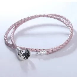 Armbanden pärlrosa dubbla läder armband passar sterling silver original charms pärlor för kvinna diy smycken tillverkning