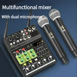 Wireless Microphones 4 Channels Audio Mixer 1 Drag 2 Mics Mixing Console with Bluetooth USB Effect for DJ Karaoke PC Guitar 240110