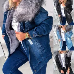Women Winter Warm Fluffy Collar Hooded Denim Jacket Thick Plush Lined Warm Long Sleeve Jean Coat Button Down Oversized Loose Out 240109