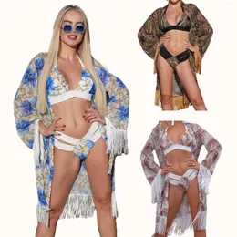 Abiti da lavoro Bikini retrò stampato set di moda costume da bagno e coprispalle con scialle stretto fasciatura da donna estate spiaggia lusso elegante