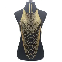 Moda de luxo brilhante sexy corpo barriga cor ouro corrente completa corpo sutiã escravo arnês colar borla cintura jóias 240110