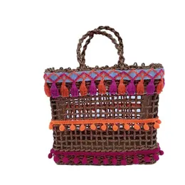 Borse a tracolla Nuova borsa in tessuto erba cava stile etnico maglia borsa da donna semplice e casual borsa in lana colorata borse con nappeborse elegantinegozio