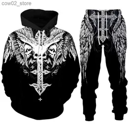 Trainingspakken voor heren Gothic Skull Tattoo 3D-geprint Hoodie/trainingspak Mode Heren Motorrijder Sportkleding Set Cool Grafisch sweatshirt + broekpak Q230110