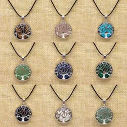 Pendant Necklaces Tree Of Life Synthetic Stone Pendants Pink Quartz White Crystal Glass Lapis Lazuli Tiger Eye Opal Neklace Women