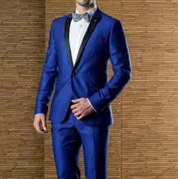 Trajes azul real para Hombre, trajes de Blazer, solapa con visera negra, traje de lujo de boda de satén con un solo pecho, Ropa ajustada para Hombre 240110