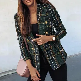 Kobiety Blazer Plaid Print Lapel Long Rleeves Autumn Grube podwójne chusteczkowane kardigan Formal Business Zimowy płaszcz dla kobiet 240109