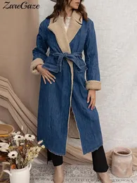 Elegante Lammwolle Denim Windjacke Frauen mit Gürtel lose Revers Schnürung Doppeltasche langen Mantel Herbst Winter warme Windjacken 240109