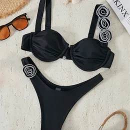 In X Sposa Bikini Set Costumi da bagno solidi Donna 2 pezzi Bikini nero Reggiseno push up Costumi da bagno Nuovo 2024 Costumi da bagno a triangolo Ragazza in stile coreano 240110