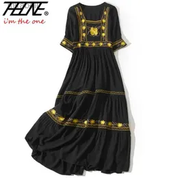 基本的なカジュアルドレスThhone Summer Embroidery Dress Women Vestidos Feminino Vintage Holiday Pullover High Quality Long Maxi YQ240110