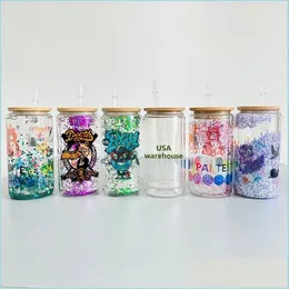 Tumblers Us Warehouse Sublimation Glass Tumblers 16Oz 25Oz Double Wall Snow Globe Cups Blank Bamboo Lid Beer Can Mason Jar Mug Wit240T
