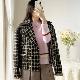 Chaqueta corta de tweed a cuadros de gama alta, cárdigan de lana, chaqueta suelta, otoño e invierno, manga larga, pequeña fragancia 240109