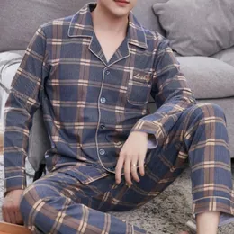 Suo Chao% 100 Pamuk Pijamalar Erkekler Gevşek Gündelik Ekose Placow Gare Pijamaları Ev Kıyafetleri Nightgown Homewear 240110