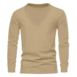 Herr t -skjortor långärmad skjorta fast färg v hals sport avslappnad enkel höst vinter grundläggande tröja sport slitage topp 2024