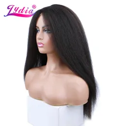 Lydia Long Kinky Straight Synthetic Wigs Front Lace 헤드 라인 수제 헤어 데일리 파티 가발 20 인치 무료 측면 검은 색 브라운 240110