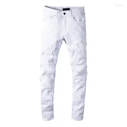 Jeans da uomo High Street bianco effetto consumato slim aderente streetwear bandana costine patchwork skinny elasticizzato fori strappati