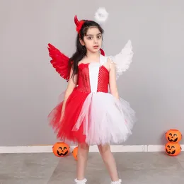 Devil and Angel Dual Costume For Girls Halloween Tutu Dress with Wing pannband Kids Naughty Nice Carnival Party Cosplay Outfit 240109