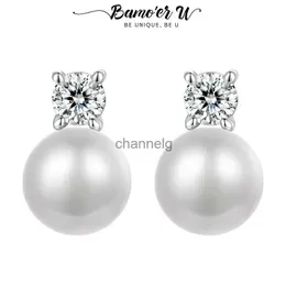 Stud Bamoer U 0.1ct Moissanite Pearl Ear Studs Natural Freshwater Drop Earrings Lab 생성 다이아몬드 925 스털링 실버 보석 선물 YQ240110