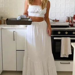 Vestidos de trabalho Bohemian branco vestido de duas peças define mulheres praia férias ternos suspender bandeaus cortados e cintura alta saias longas fluidas