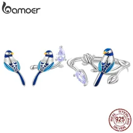 Set Bamoer Anello aperto con uccello blu in argento sterling 925 e orecchini a bottone con smalto colorato Set di gioielli con zirconi per regalo da donna