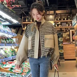 S-3XL Vestes Femmes Cuir Épissé Panneaux À Carreaux Tempérament Kpop Mode Vêtements Esthétique Ins Baggy Zip-up Vintage Streetwear 240104