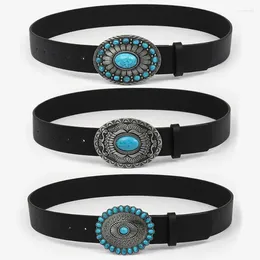 Belts Vintage Alloy Buckle Wide Belt For Women Court Style Sapphire Set Oval Western Denim Jeans Accessories Black