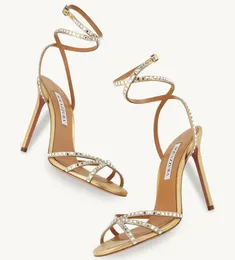 여름 럭셔리 Aquazzura Dance Plexi Women Sandals 신발 Crystal-fellished alkle-strap 파티 웨딩 레이디 검투사 Sandalias Comfort Walking EU35-43