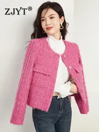 ZJYT Herbst Winter Rosa Tweed Woolen Jacke für Frauen Ropa De Mujer Mode Langarm Mantel Kurze Oberbekleidung Veste Femme 240109