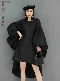 Grundläggande casual klänningar Shengpalae Fashion Solid Color Dress Women's Autumn 2023 New Round Neck Loose Batwing Sleeve Kne-Length Female 5E8839 YQ240110