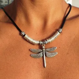 Pingente colares vintage cor prata pequena libélula colar para mulheres menina estilo étnico corda encerada tribal jóias presente de festa