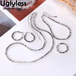 Anhänger Uglyless Facettierte geometrische Silberperlen Schmucksets Damen Glänzender Spiegel Silberringe Creolen Ohrringe Armbänder Halsketten 925 Silber