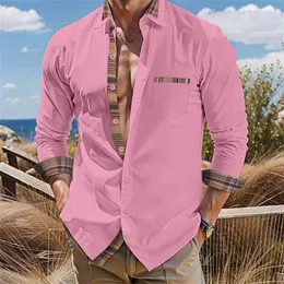 Camisas casuais masculinas 2024 botão camisa rosa branco manga comprida lapela férias diárias bolso confortável top plus size S-6XL