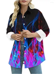 Women's Blouses 2024 Spring Turn-down Neck Button Long Sleeve Casual Loose Office Lady Shirt Blouse Fashion Burning Flame Printed Shirts