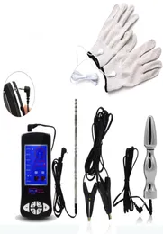 TENS Electro Sex Kit Pene Sonidos uretrales Masajeador de pulso electrónico Vagina Anal Plug Estim Guantes Abrazadera eléctrica para hombres Mujeres Y2255928