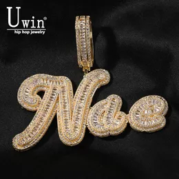 ネックレスUWIN BAGUETTE名ネックレスペンダント筆記体ケッティングメットTEKST ICED OUT CUBICジルコニアチェーンHiphop Jewelry