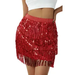 Women Sequined Fringe Skirt Glitters Elastic Waist Miniskirt Mini Skirt for Dance Rave Party Black/Silver/Gold/Red 240110