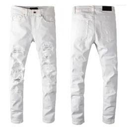 Men's Jeans White Distressed Slim Fitted Pants Streetwear Ribs Patchwork Skinny Stretch Holes High Street Ripped Jeans