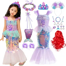 Little Mermaid Dress Charm Princess Cosplay Sequin Bling Costume For Kids Girl Fish Beauty Party Halloween Clothing 240109