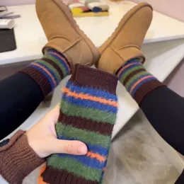 Retro American Style Coffee~korean Version Striped Imitation Mink Plush for Warm Women's Ins Pile Up Thick Socks