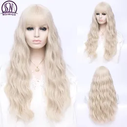 MSIWIGS Damen-Perücke, lang, gewellt, blond, synthetische Perücke mit Pony, grau-rosa Haar, Cosplay, Mädchen, hitzebeständig, 240110