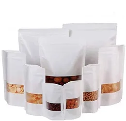 100pcslot Kraft Paper Bags White Zipper Bag Stand Up Food Pouches Återställbar förpackning med mattfönsterväskor5610758