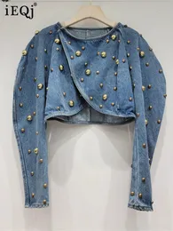 IEQJ Round Nail Rivet Bubble Sleeve Short Denim Jackets For Women Y2k High Street Sequins Coat Autumn 2023 Clothing 3WQ7344 240109