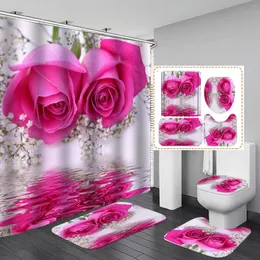 Set di accessori da bagno, mensole da bagno sopra il WC, San Valentino, 4 pezzi, tenda da doccia con tappeti per set