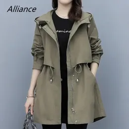 Spring and Autumn Womens Midlength Trench Coat Hooded Zipper Tiein Jackets British Style Loose Coats Clothing 240110