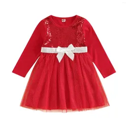 Girl Dresses 2-6Years Toddler Christmas Dress Shiny Sequin Long Sleeve Round Neck Bow Front Tulle