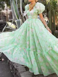 Vestidos informales básicos Gypsylady High Street Chic Maxi vestido de organza elegante verde verano Vestidos de mujer volantes encaje vacaciones Casual Vestidos de mujer YQ240110