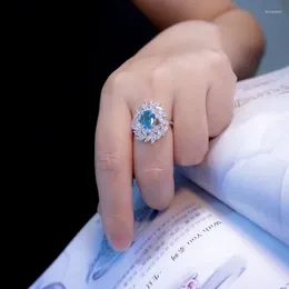 Cluster Rings Blue Zircon Ring For Women Fine Jewelry Flower Style Romantic 925Sterling Silver With Cubic