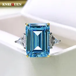 Luxo 100% 925 prata real 10*14mm aquamarine alto carbono anéis de diamante para mulheres pedras preciosas casamento banda festa jóias finas presente 240109
